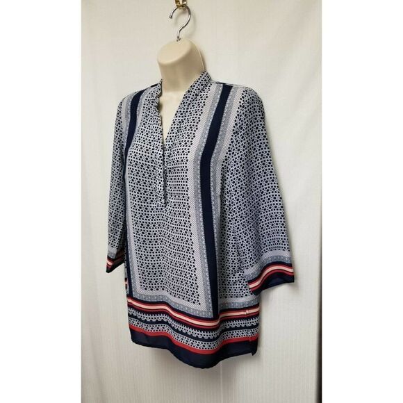Adrienne Vittadini Women's Size Small Popover Printed Shirt Top Navy Blu… - Picture 6 of 7